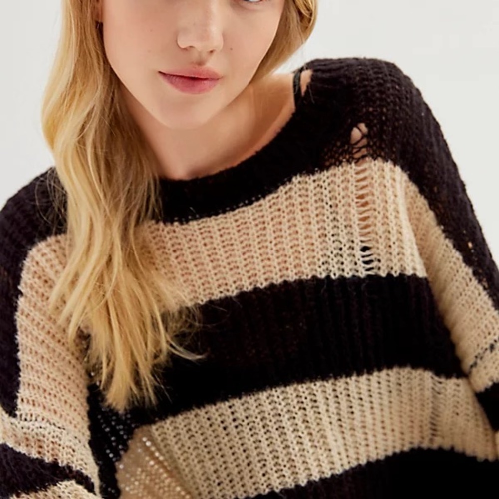 Striped B&W Distressed Knit Sweater